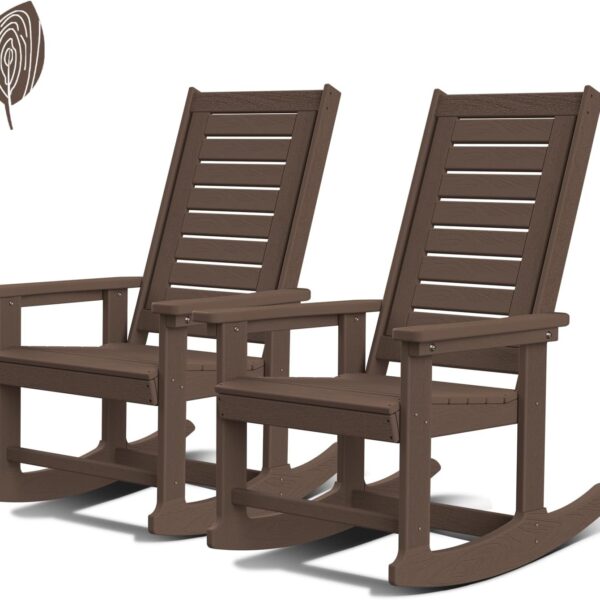 GREENVINES Outdoor Rocking Chairs | Set of 2 | Porch Rocker | HDPE Plastic | Wood Grain | Oversized Rockers | High Back | Big & Tall | Ladder Back | Dark Brown | for Patio Outside