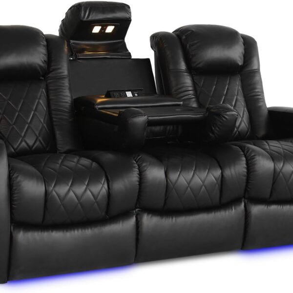 Click to see full view     4+  6 VIDEOS  SIZE Valencia Home Theater Seating Tuscany 2025 3-Seat Power Recliner with Center Console - Top Grain Nappa 11000 Leather, Cool Gel Memory Foam, USB-C/A Charging, RGB Lights (Midnight Black)