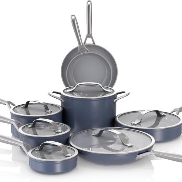 Ninja Ceramic Pro 14-Piece Cookware Set, Non-Stick Pots & Pans Set with Glass Lids, Nontoxic, PTFE Free, Ceramic Coated, Oven Safe, All Stovetops & Induction Compatible, Midnight Blue, CW39014MM