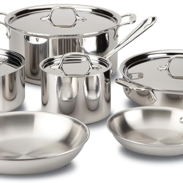 All-Clad D3 3-Ply Stainless Steel Cookware Set 10 Piece, Induction Compatible, Oven Broiler Safe 600F, Kitchen Cooking Set w/ Fry Pans, Saucepans, Saute Pans, Stockpot, Lids, Pots and Pans, Silver