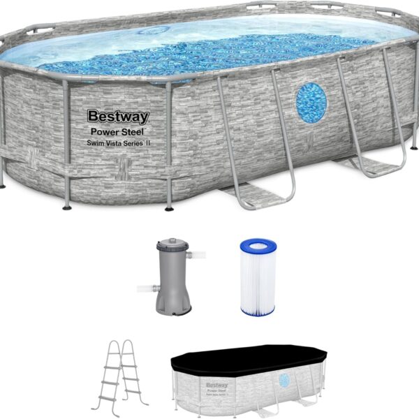 Bestway Power Steel Swim Vista Series II 14' x 8' 2" x 39.5" Above Ground Outdoor Swimming Pool Set with 530 GPH Filter Pump, Ladder, and Pool Cover