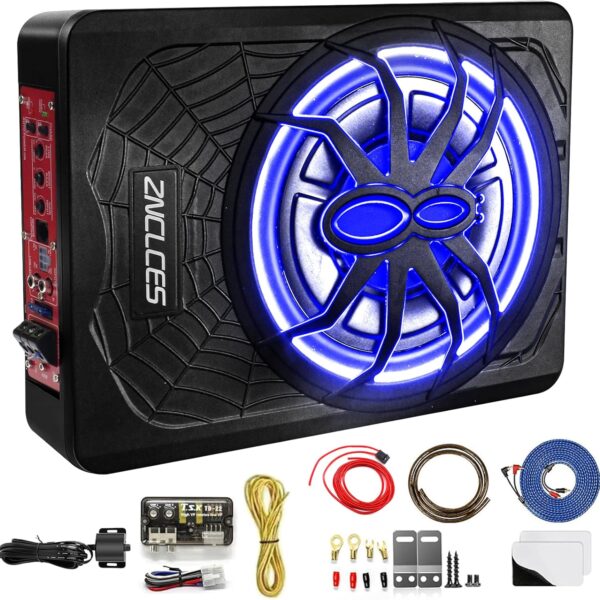 2025 Upgraded 10"1200W Slim Under Seat Powered Car Subwoofer, Car/Truck Sub Built in Amplifier for outstanding Heat Dissipation, Powerful bass and Blue LED Ambient Light enjoy Audio Experience Visit the Znclces Store