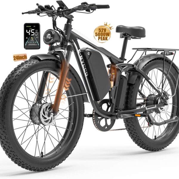 EBycco 5000W Dual Motor Ebike for Adults Electric Bike 52V 32AH, Max 40-45 MPH, 100 Miles Long Range, Hydraulic Disc Brake, 24"/26" Fat Tire Offroad Hunting E-Bike, Full Suspension Electric Bicycle Visit the E·Bycco Store