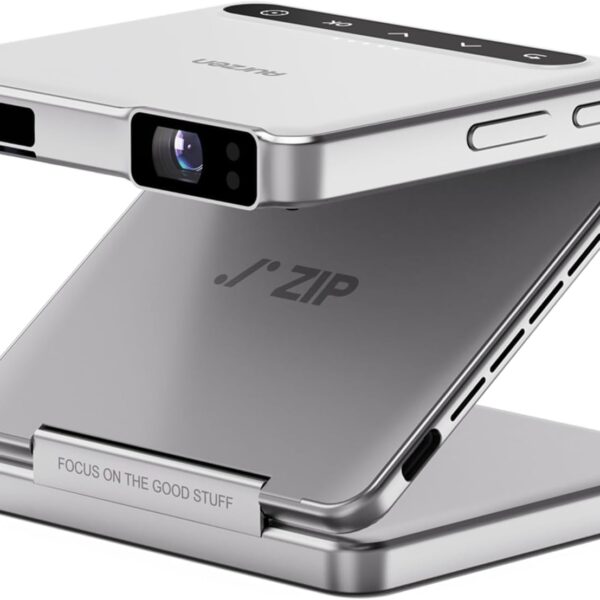 Aurzen ZIP Tri-Fold DLP Portable Mini Projector with Bluetooth 5.4, Screen Mirroring, 5000mAh Battery, Type-C Fast Charging, Zero-Lag Focus&Keystone,720P Pico Projector,Built-in Stand, 20"-125",White